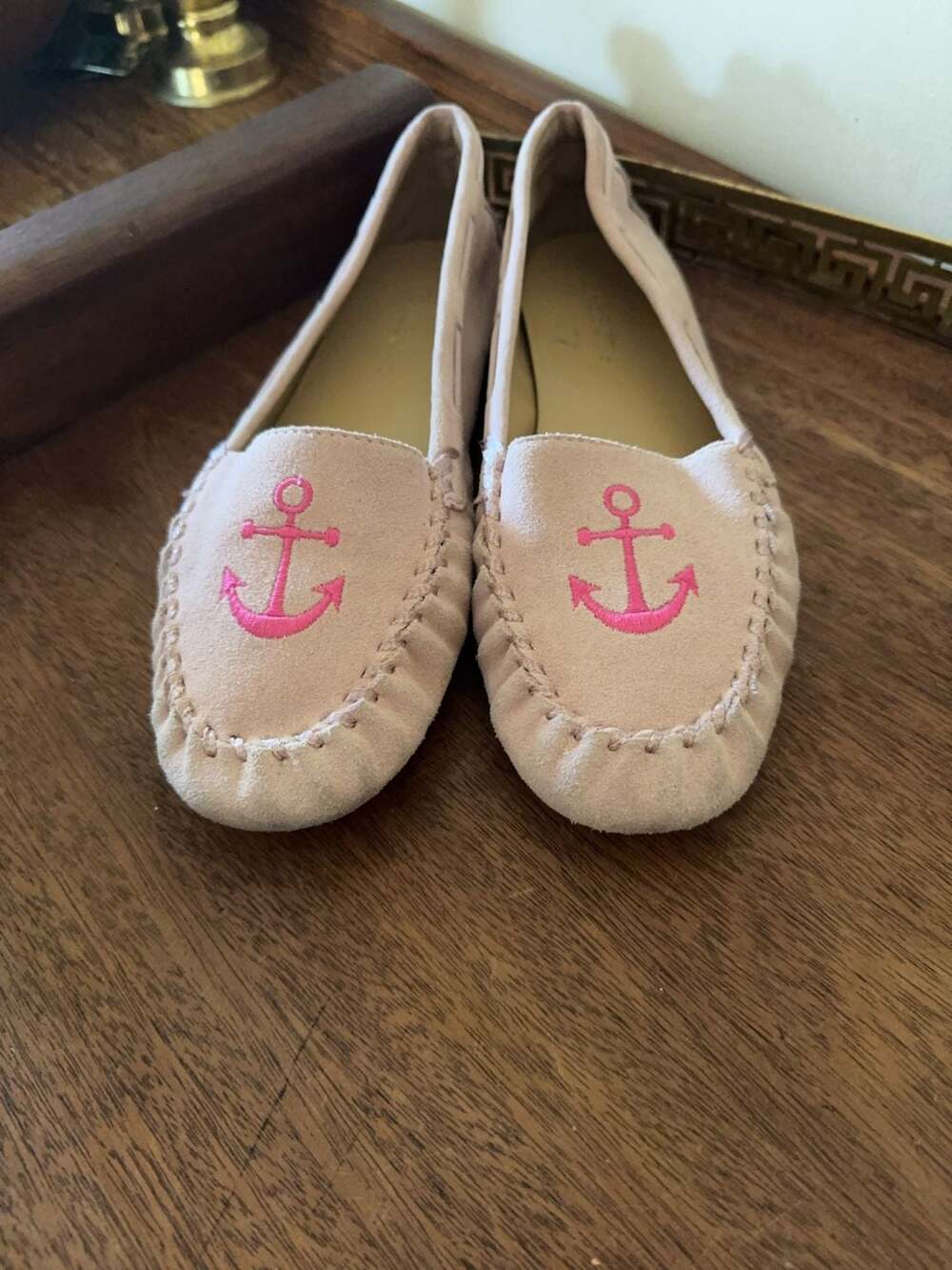 Talbots Pink Suede Anchor Embroidered Moccasin Loafers Size 8M